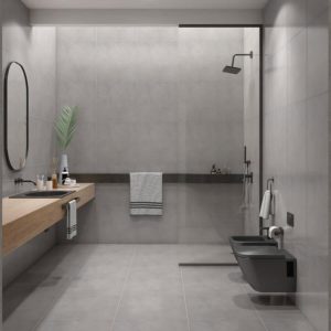 Banheiro seguro com piso acetinado de porcelanato